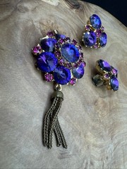 Vtg RARE EDLEE Czech Style Glass Tassel Statement Pendant & Clip-on Earrings