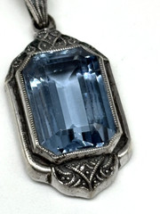 German Art Deco Pendant 835 Silver Ornate Blue Crystal Emerald Cut Vintage