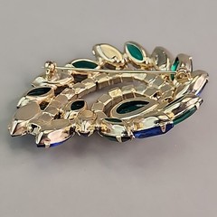 Vintage Rhinestone Brooch Blue Green AB Swirl Gold Tone 2.25″