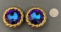 Rare Vintage Huge Round Faceted Vitrail AB Purple Rhinestone Clip on Earrings