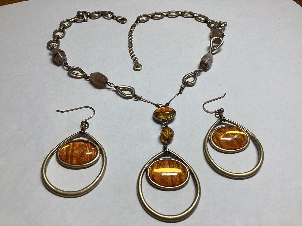 Lauren Conrad LC Orange Oval Cabuchons Gold Tone Earrings & Necklace Set Vtg FS
