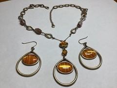 Lauren Conrad LC Orange Oval Cabuchons Gold Tone Earrings & Necklace Set Vtg FS