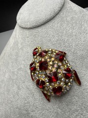 Brooch Turtle Figural Red Rivoli & Clear AB Rhinestone Large 2.25″ Vintage 1960s