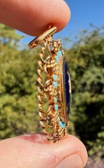 Antique 19k Solid Yellow Gold Filigree Enamel Cameo Turquoise Pendant Portugal