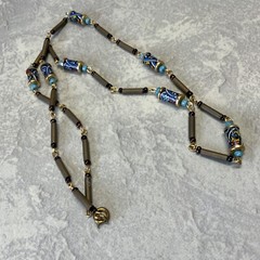 Vintage blue and gray acrylic bead necklace with spring ring clasp