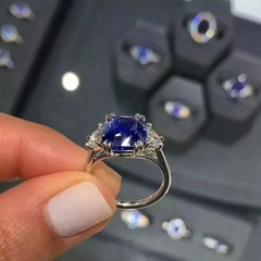 Art Deco Cushion Cut Sapphire & Lab-Grown Diamond 14K White Gold FN Wedding Ring
