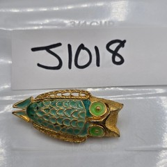 Vintage Gold Tone Teal Green Enamel Owl Brooch Bird Pin Whimsical Animal Retro
