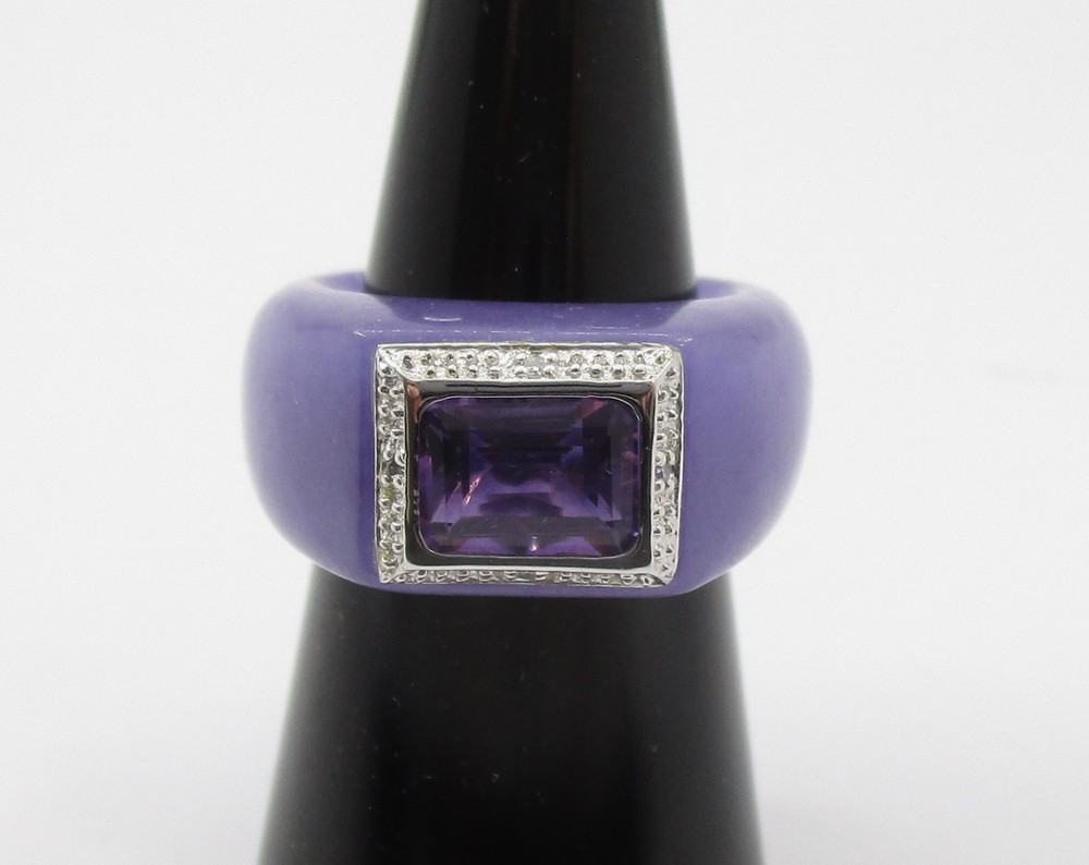 1.30CT Amethyst Lavender Jade 0.02CTW Diamond Ring 14K Gold Size 6