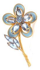 Vintage Blue Glass Rhinestone Enamel Flower Brooch Marquise Round Gold Tone Pin