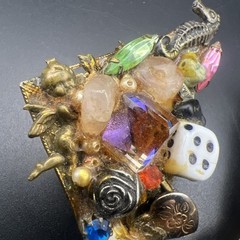 Vintage Handmade Assemblage Clip On Earrings Seahorse Dice Rhinestone Charms
