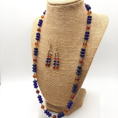 Egyptian Revival Carnelian And Blue Glass Vintage Necklace And Earrings Set