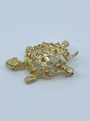 Vintage Brooch Pin De Nicola turtle faux coral and green rhinestone 1-3/4″