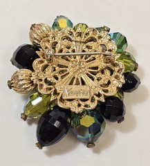 Vintage Vendome Brooch Hreen AB Black Crystal Gold Beads Rhinestones