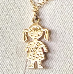 Small Girl With Red Crystals Blue Stones Pendant Necklace Gold Tone Chain 16.5″
