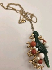 Vintage Signed Hobe Green Celluloid Bird W/Coral & Faux Pearl Brooch/Necklace