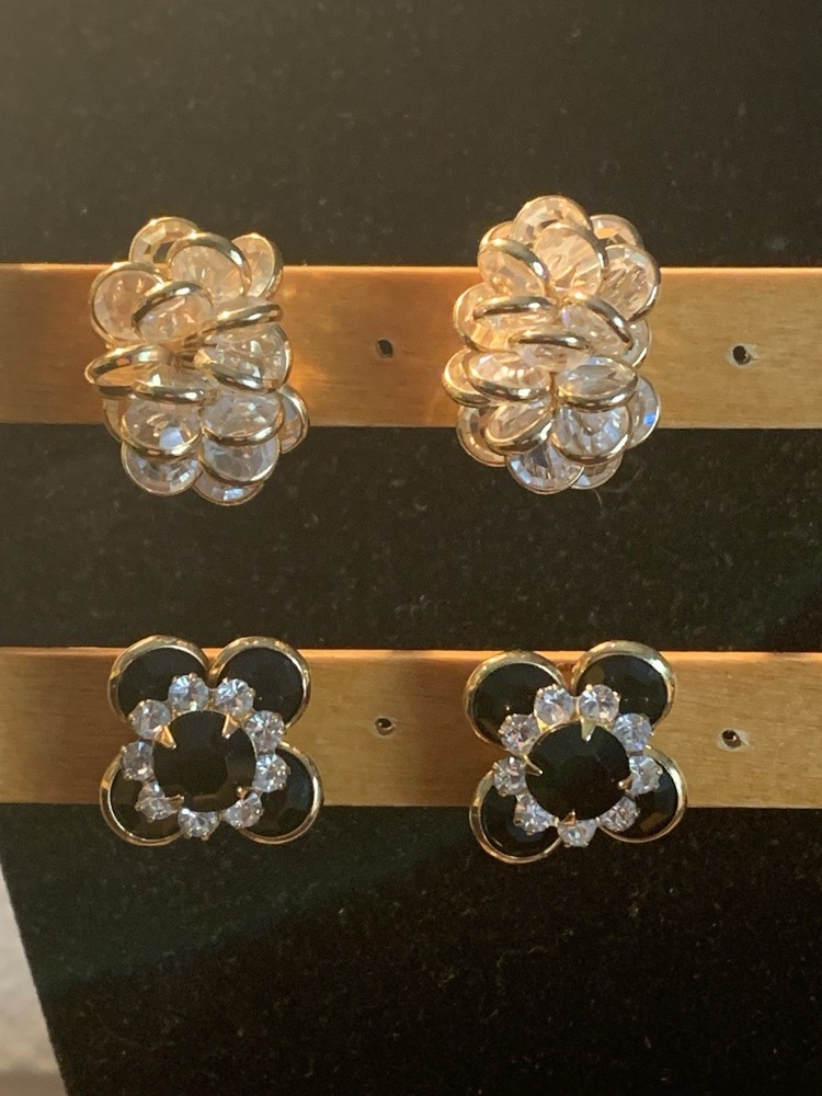 Lot Of Two Pairs Of Crystal & Goldtone Pierced Earrings 1/2 to 3/4 Inch Long