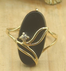 Vintage PSCO-P 14k gold and onyx ring, diamond chip inset size 6 Deco Style