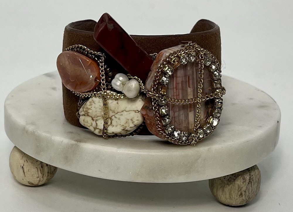 Vintage Costume Jewelry Bracelet Leather Wrapped Agate Stones