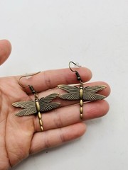 Vintage Style Antiqued Bronze Tone Art Nouveau Dragonfly Elegant Hook Earrings