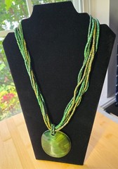Faux Jade Pendant Layered Beaded Necklace, Green and Earth Toned Beads 22″
