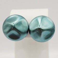 Green Blue Almost Metallic Color Dimpled Puckered Round Vintage Clip On Earrings