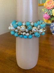Vintage Expandable Cha-Cha Bead Bracelet Rhinestones Faux Turquoise Pearls