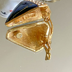 Vintage Ciner Asymmetrical Gold Plated Black Enamel Crystal Clip-On Earrings