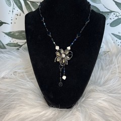 Vintage Belladonna Canada Black Iridescent Flower Drop Necklace Gothic Victorian