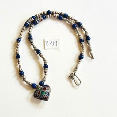 VTG Chinese Heart Cloisonné Blue necklace Silver Lapis Lazuli Beaded China 16″L
