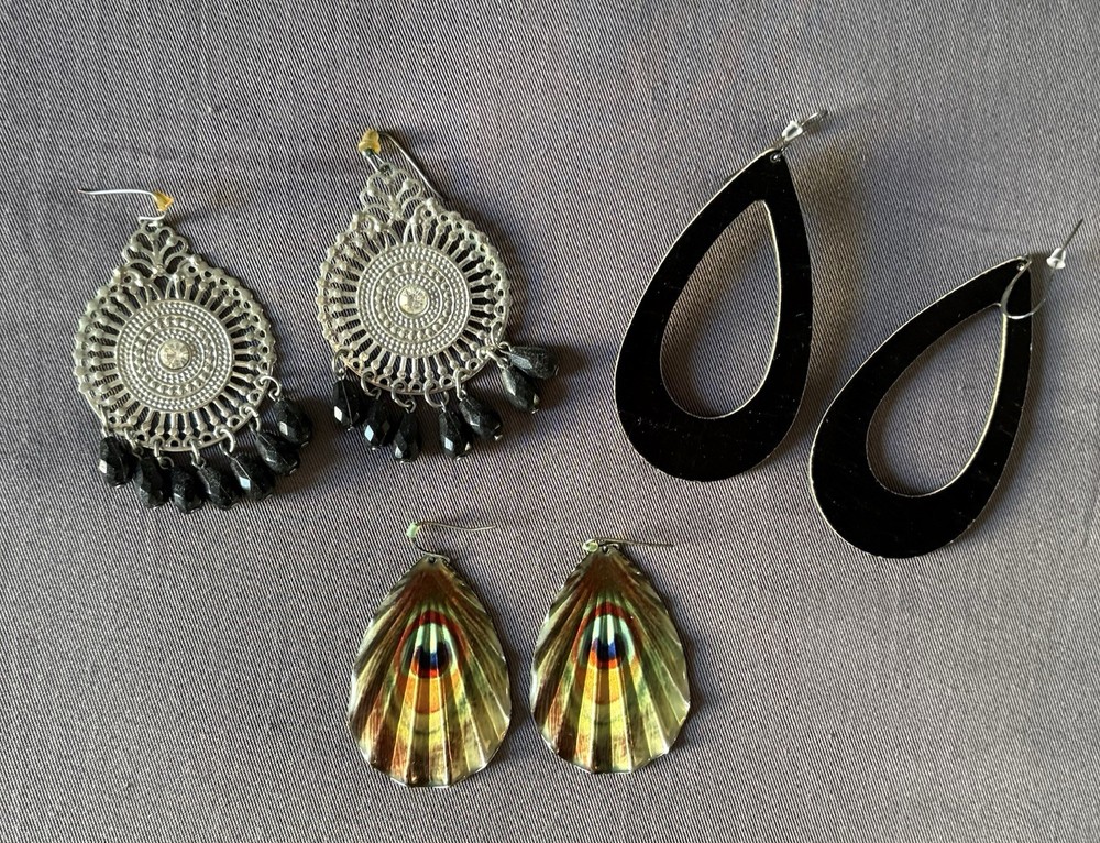 3 Pair Dangle Pierced Earrings Black Beads On Silver Tone, Black, & Multi Color