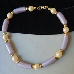 Vintage Napier Lavender/White Faux pearls Beads Choker Necklace 16″L