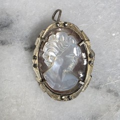 Vintage 800 Silver Carved Mother of Pearl Cameo Brooch Pendant Marcasite Frame