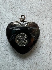 Antique Victorian Whitby Jet Inset Pyrite Puffy 3-D HEART Charm Pendant Fob H5