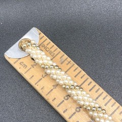 Vtg Faux Pearl Gold Woven Rope Necklace Matching Rope Hoop Earrings Screw Backs