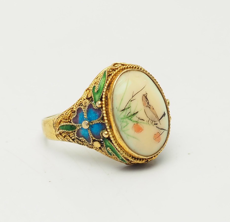 Vintage gilt silver enamel etched Bird motif adjustable open band ring China