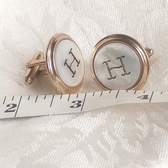 Vintage Mother of Pearl monogram H Button style Goldtone 1in Cufflinks