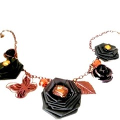 Women’s Vintage Black Silk Rose Metal Rose Copper Butterfly Leaf Necklace