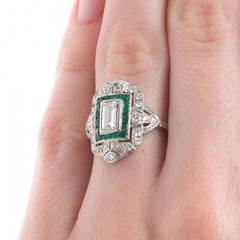 Art Deco Style Lab Created Diamond & Emerald 925 Sterling Silver Engagement Ring