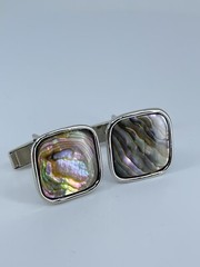 Cufflinks Mother of Pearl square flat MOP polished silver tone 7/8″