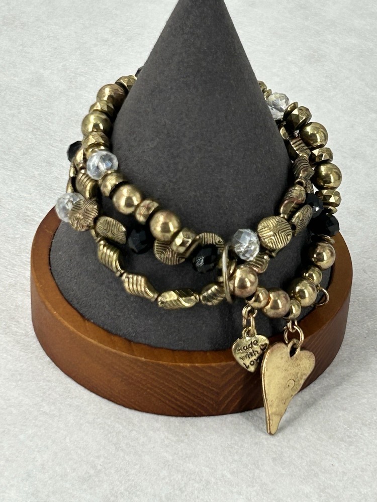 Triple Strand Stretch Bracelet Copper Color Clear & Black Crystal Beads