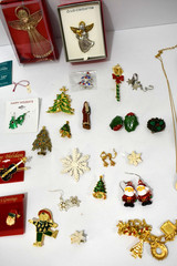 Lot of Vintage Christmas Jewelry Brooches, Charms, Earrings Angels/Trees