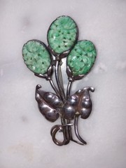 Vintage Chinese Carved Jadeite 3 Flowers Sterling Silver Leaves Brooch Jade Pin
