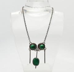 Mid century modern silver plated metal green enamel vintage necklace