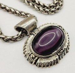 Pendant Necklace Purple CAT EYE Large Silver tone Sliding 21 in Vintage