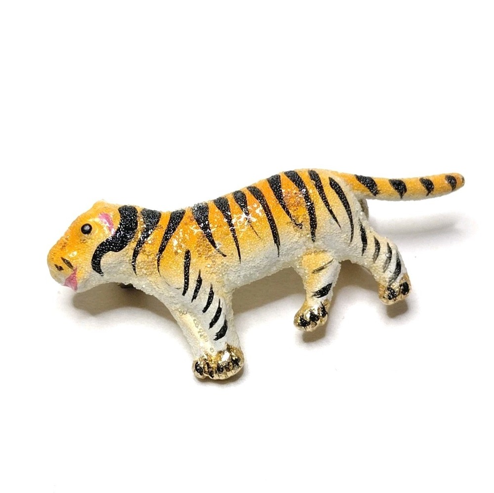 Small Vtg Sugared Enamel on Metal Tiger Brooch Kitschy Cat Pin RARE HTF