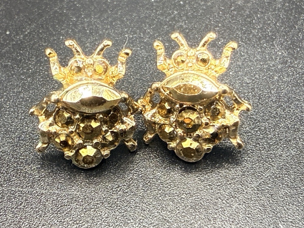 Vintage Gold Tone Rhinestone Bug Insect Stud Earrings