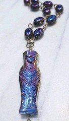 EGYPTIAN REVIVAL PHARAOH PENDANT PEACOCK BLACK SCARAB GLASS BEAD NECKLACE SET