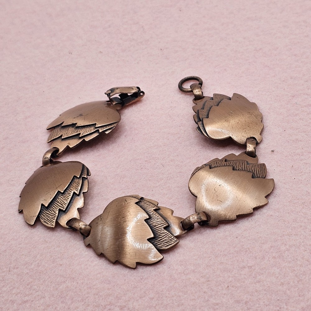 Vintage Copper Leaf Panel Link Bracelet Sz 7.5 Original Sticker Western