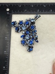 Vintage Austria Rhinestone Flower Brooch Blue Black Enamel READ
