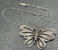 Sterling Silver Filigree Butterfly Pendant Necklace w/ Aurora Borealis